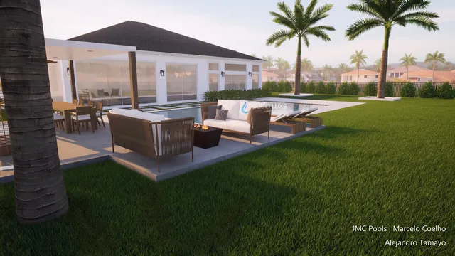 Render of the Tamayo pool, spa and pergola, view 07 (day view)