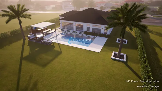 Render of the Tamayo pool, spa and pergola, view 12 (day aerial)