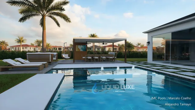 Render of the Tamayo pool, spa and pergola, view 02 (day view)