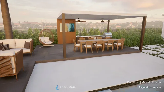 Render of the Tamayo pool, spa and pergola, view 06 (day view)